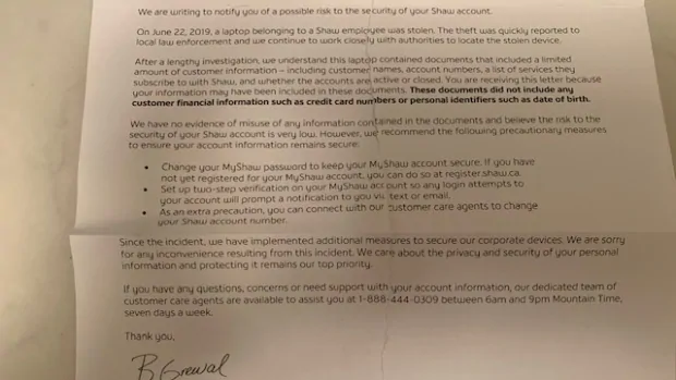 shaw data breach letter