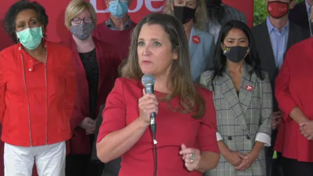 liberal party candidate chrystia freeland speaks at campaign event in port moody b c