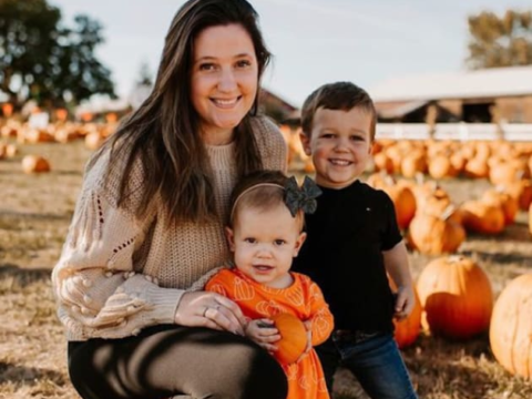 tori in a pumpkin patch