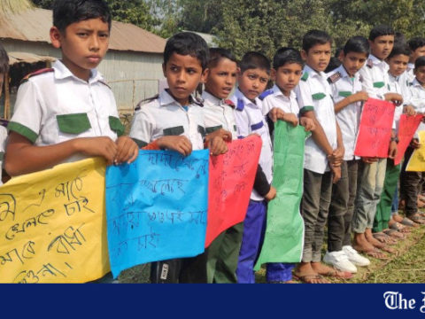 Primary students form human chain